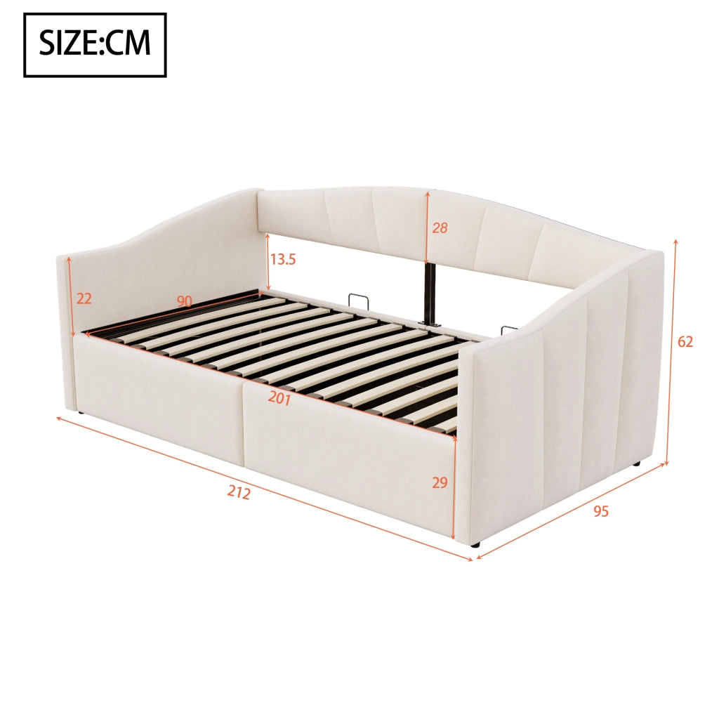 OKWISH Letto Banquette Singolo con Contenitore, con Sollevamento Idraulico, Schienale e Braccioli, 200×90 cm, senza Materasso, in Velluto, Beige