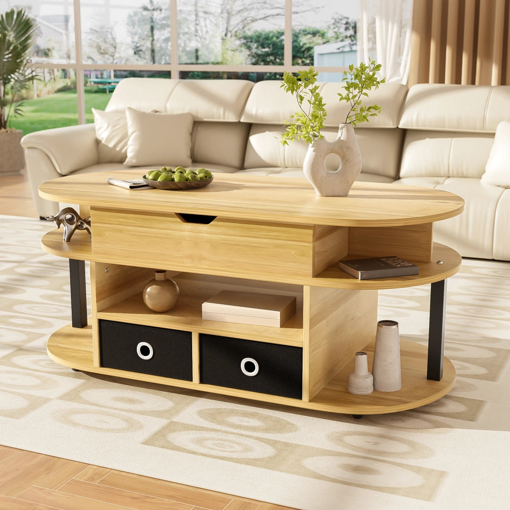 OKWISH Tavolino da Salotto Rettangolare con Piano Sollevabile, 2 Cassetti in Tessuto e Vano, Nero e Legno, 105 x 50 x 45/60 cm
