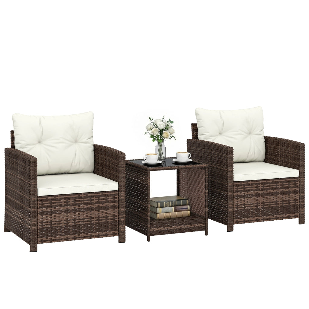 Set da Giardino 3pz in Rattan PE e Acciaio con 2 Poltrone con Cuscini e Tavolino da Caff¨¨, Marrone e Crema