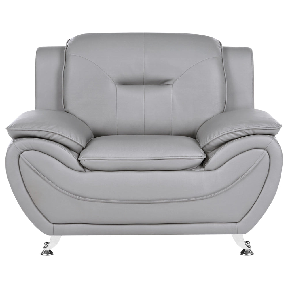 Poltrona in ecopelle vegana grigio con braccioli imbottiti, gambe in metallo argentato, facile da pulire, stile moderno e glamour per il soggiorno