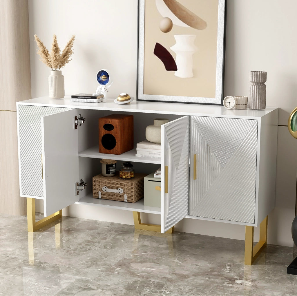 Credenza 150x40x82 cm con 4 ante e ripiani regolabili; MDF e pannello truciolare bianca