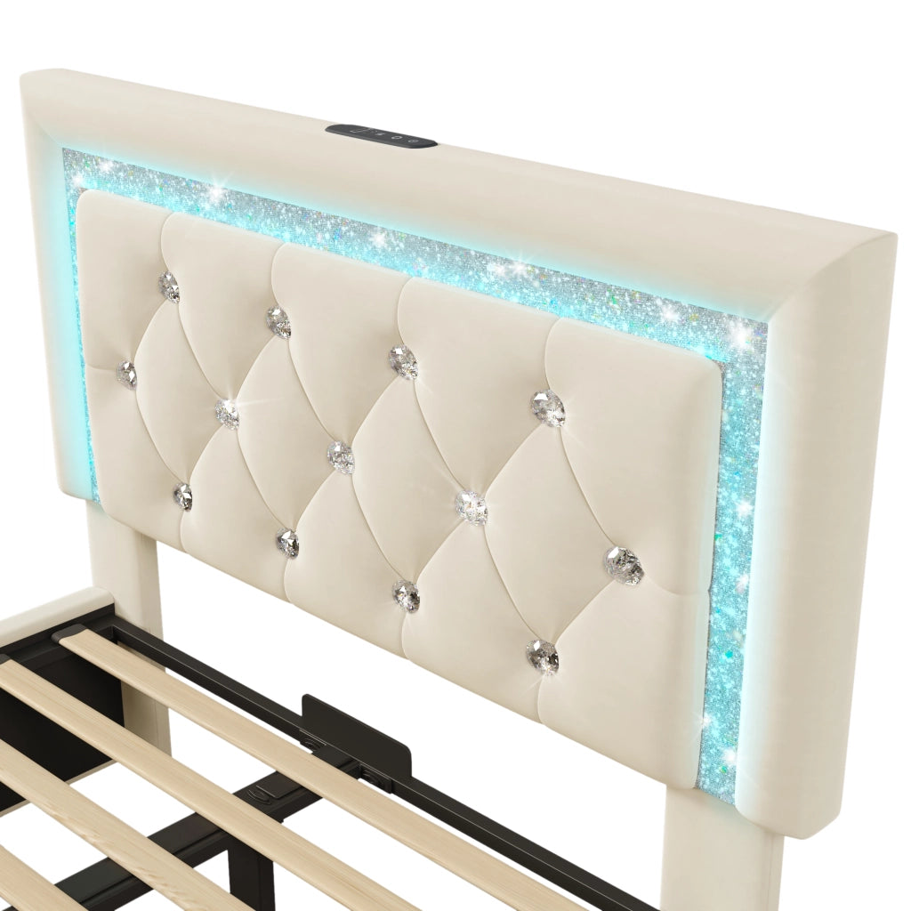 OKWISH Letto Singolo con Contenitore 90×200 cm con LED Regolabile, USB, Type C e Testiera, senza Materasso, in Velluto, Beige