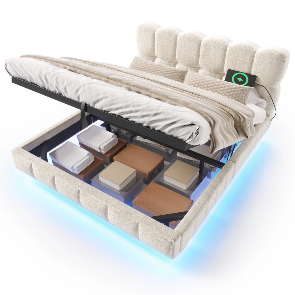 Letto matrimoniale imbottito beige 140x190 cm con sollevamento idraulico; LED e prese USB Type-C