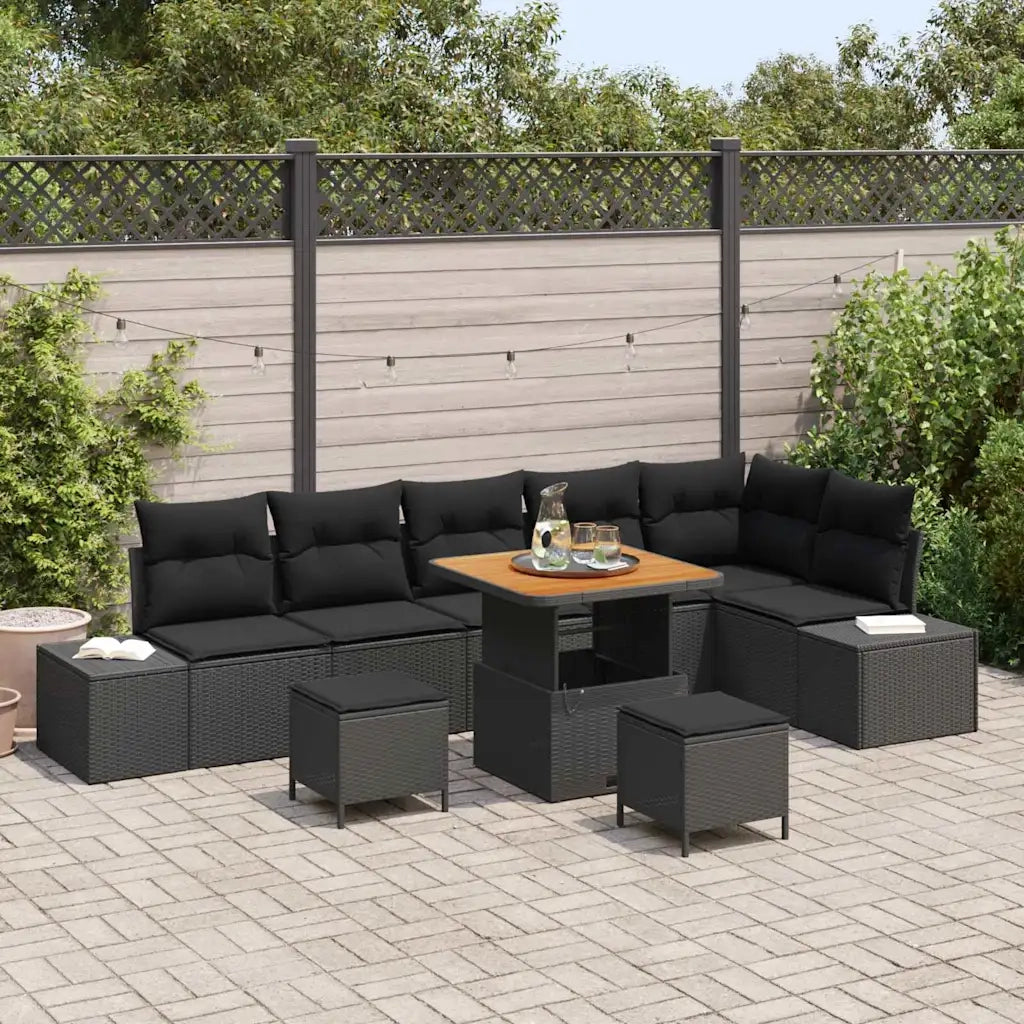 Set Divano da Giardino con cuscino 9 pcs Nero polyrattan