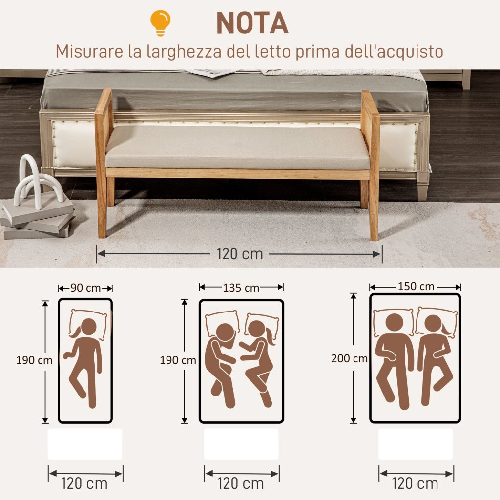 Panca Fondoletto Stile Boho 120x38x61,5 cm Seduta Effetto Lino Braccioli in Rattan Crema