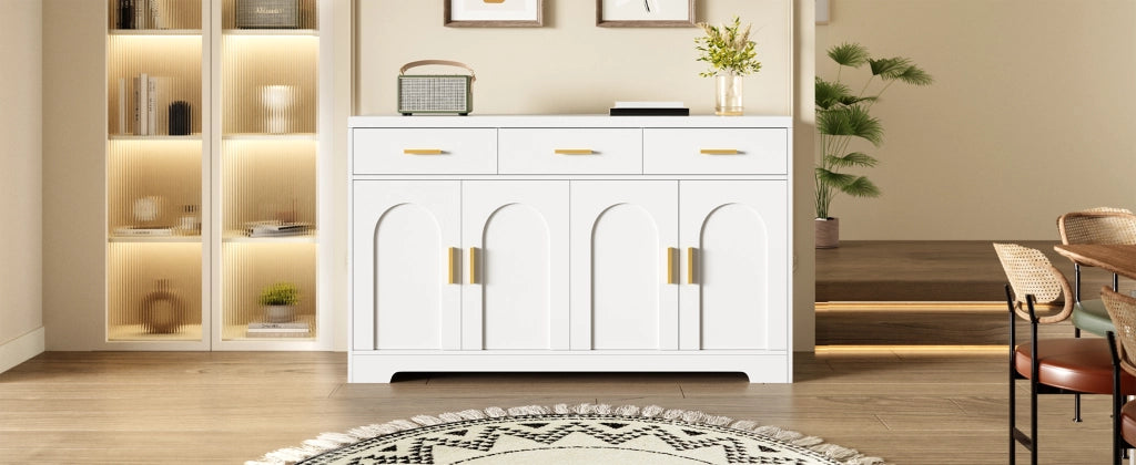 Credenza con 4 ante ad arco, 3 cassetti e ripiani regolabili, per soggiorno, in MDF bianco 140 × 40 × 83 cm
