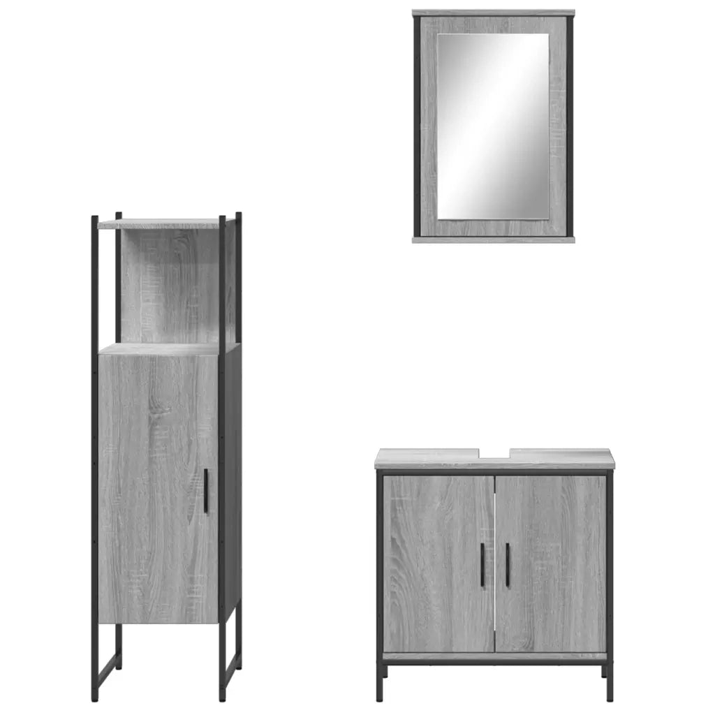 Set Mobili da Bagno | Armadio da bagno 3 pz Grigio Sonoma in Legno Multistrato