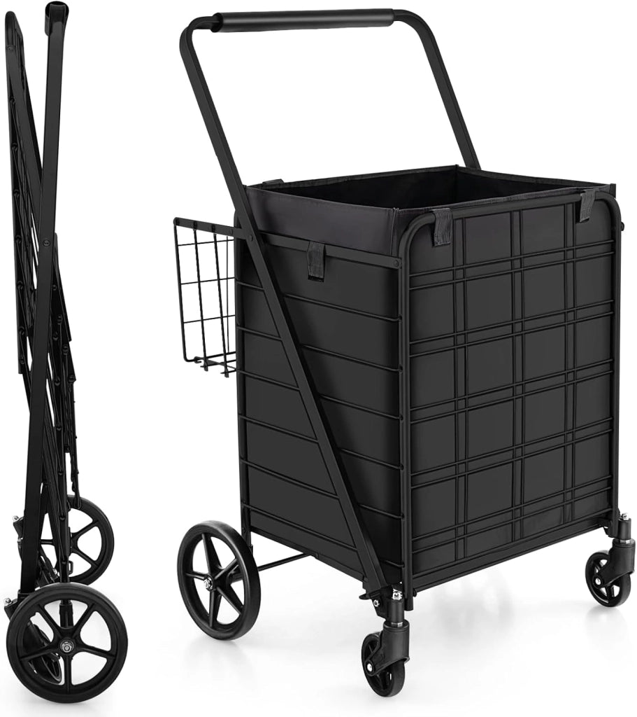 Carrello Portaspesa Pieghevole con Sacca, Carrello della Spesa Pieghevole con Ruote Girevoli a 360°, 2 Cesti, Capacità di Carico: 150 kg, 126 L, 66 x 64 x 103 cm (Argento)