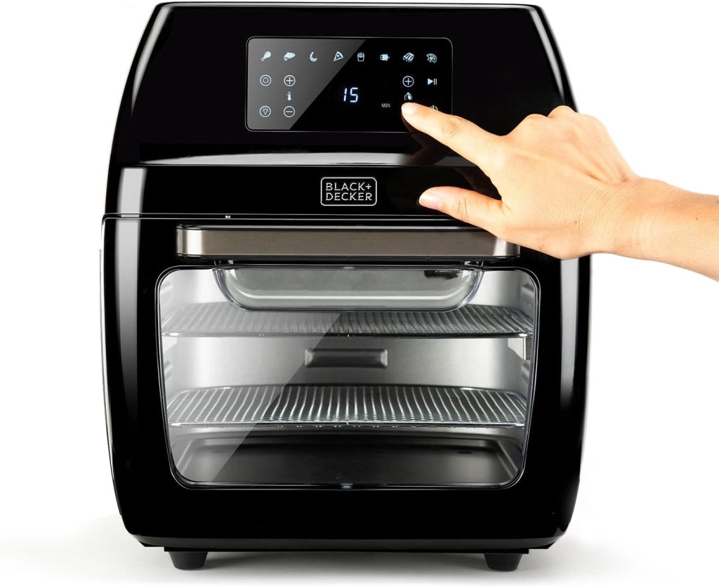 Black+decker bxafo1200e - friggitrice ad aria, fornetto elettrico, 1700w, 12l, temperatura regolabile 40º-200ºc, 8 programmi preimpostati, porta trasparente, lavabile in lavastoviglie, più accessori