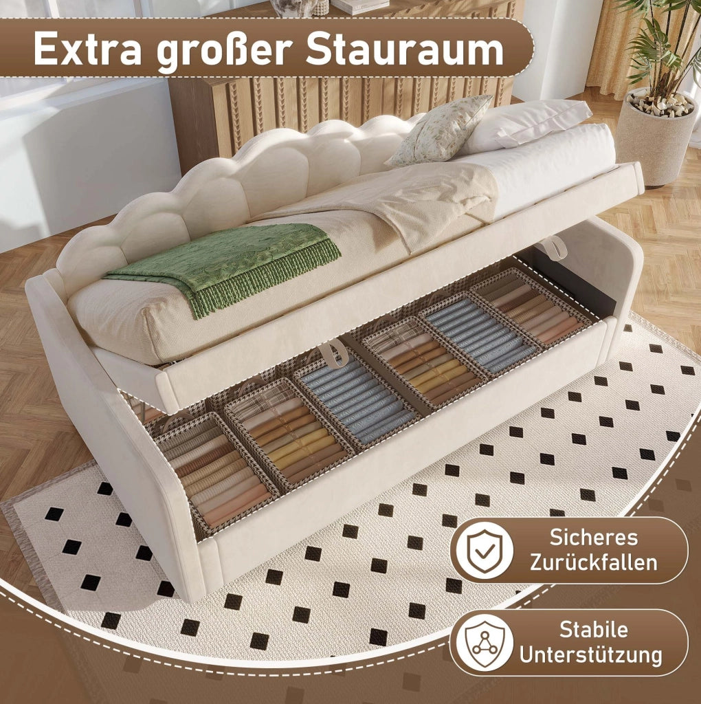 Letto singolo imbottito 90x200 cm con vano contenitore e LED beige