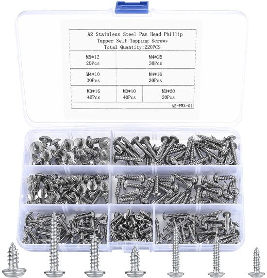 220 Pezzi Viti Autoalleviatrici per Lavorazione del Legno - Viti a Testa Piana in Acciaio Inox M3/M4/M5