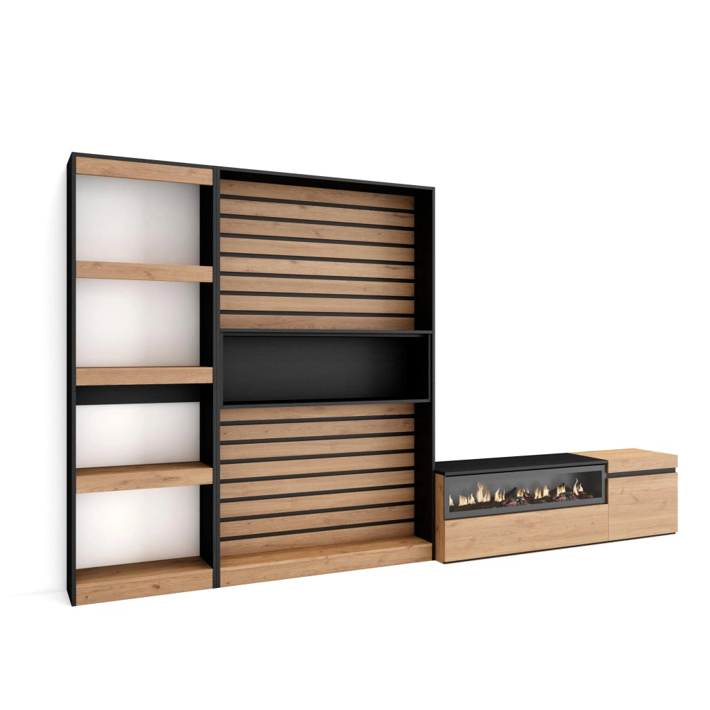 Mobile TV, Soggiorno, 320x35x186cm, Camino elettrico, colore Rovere e nero RF2594