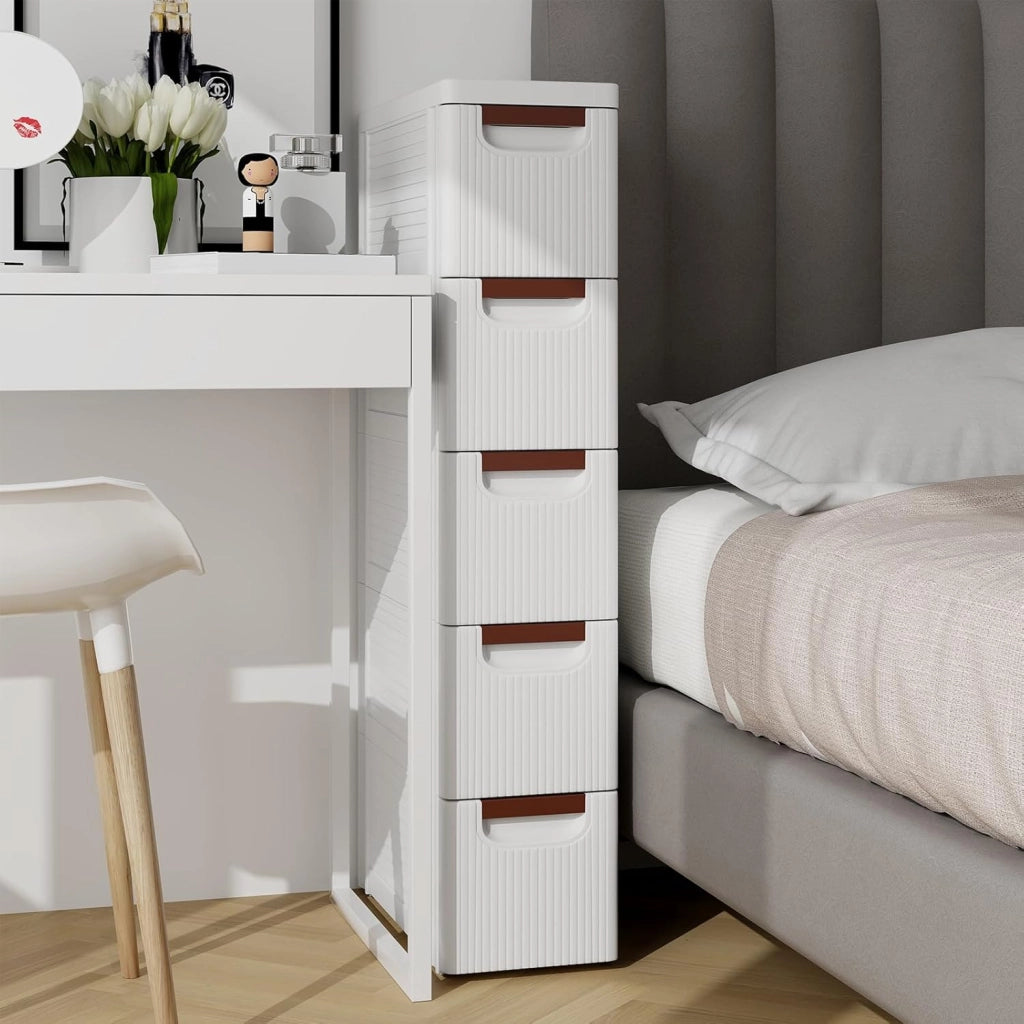 Mobiletto Stretto con Ruote, Carrello e Organizzatore Slim con 3/4/5/6 Cassetti per Spazi Piccoli, Cassettiera di Plastica per Soggiorno, Bagno, Cucina, Bianco (42 x 19 x 109 cm)
