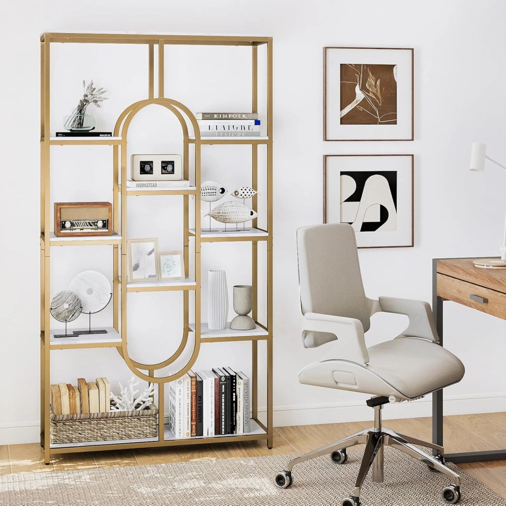 Libreria geometrica per carichi pesanti con telaio in metallo e protezione antiribaltamento, scaffale divisorio per libri, riviste e piante, 95 x 30 x 175 cm (bianco + oro)