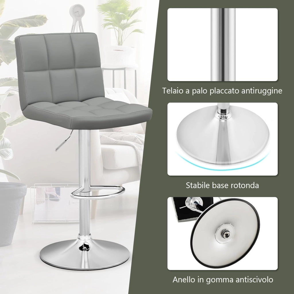 Sgabello Regolabile in Altezza in Ecopelle, Sgabello Cucina Girevole a 360° con Poggiapiedi e Base Metallica Antiscivolo, Sedia Portata 150 kg per Sala da Pranzo e Penisola Cucina (Grigio,2)