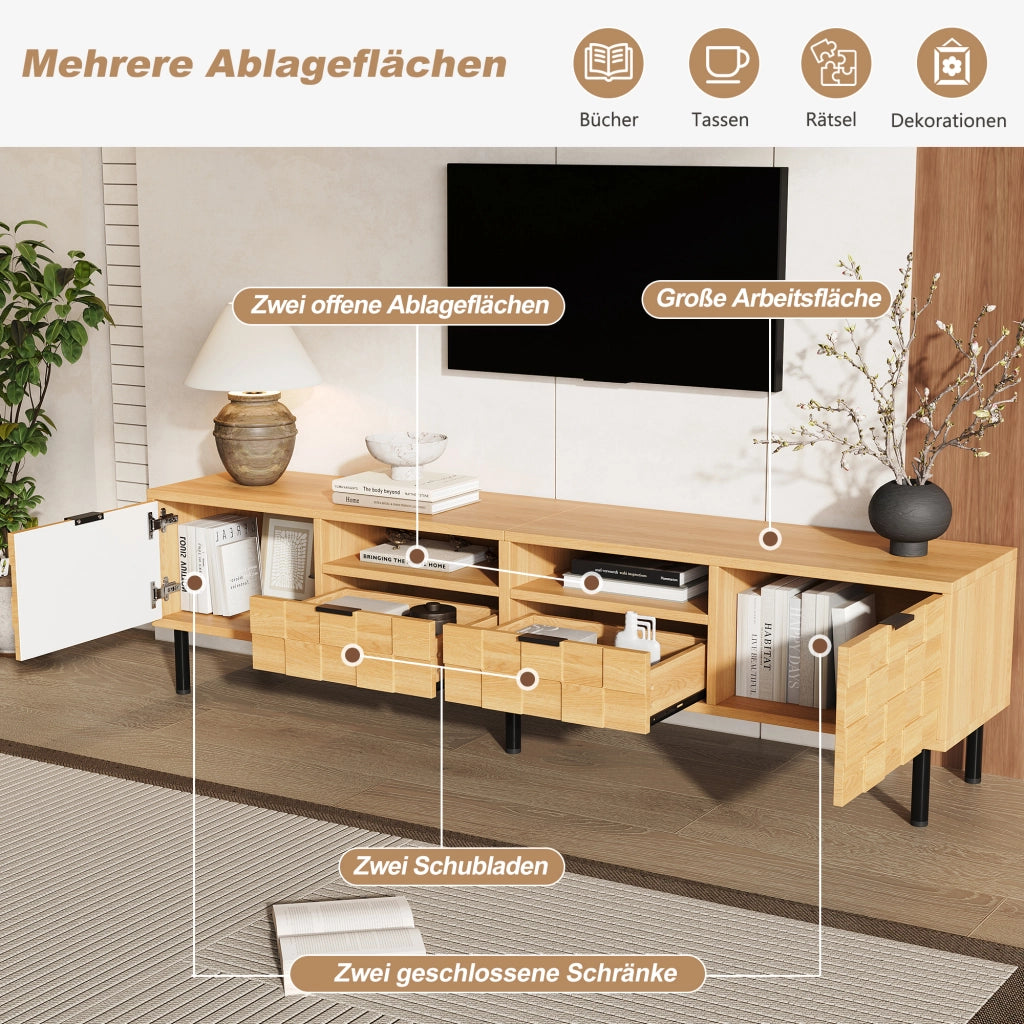 Mobile porta TV con 2 ante, 2 cassetti e 2 vani aperti per soggiorno in MDF e truciolato naturale 200 × 35 × 44,5 cm