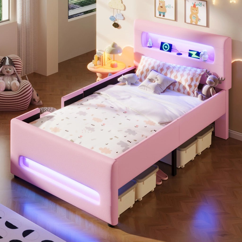 Letto imbottito con luci led, cassetto, prese USB e scaletta, rosa 90x200