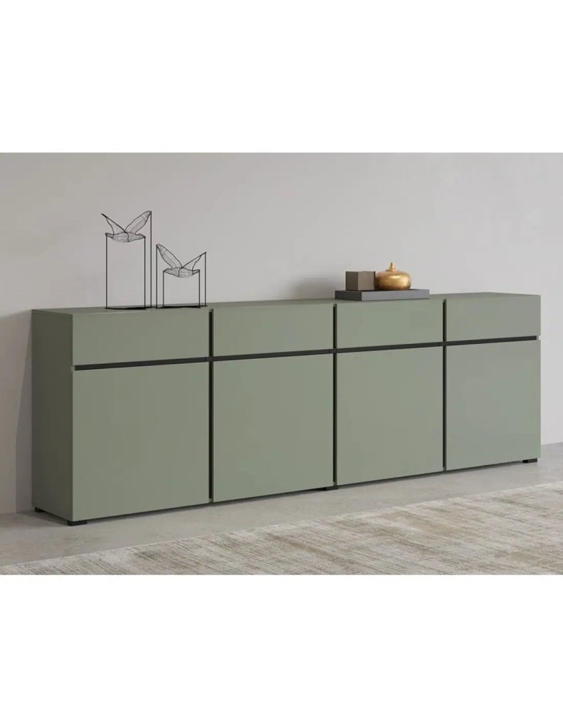 Buffet XL colore verde salvia 225cm collezione HAVANA. Credenza design con 4 porte e 4 cassetti.