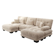 Divano modulare angolare in chenille vintage beige chiaro con pouf abbinati