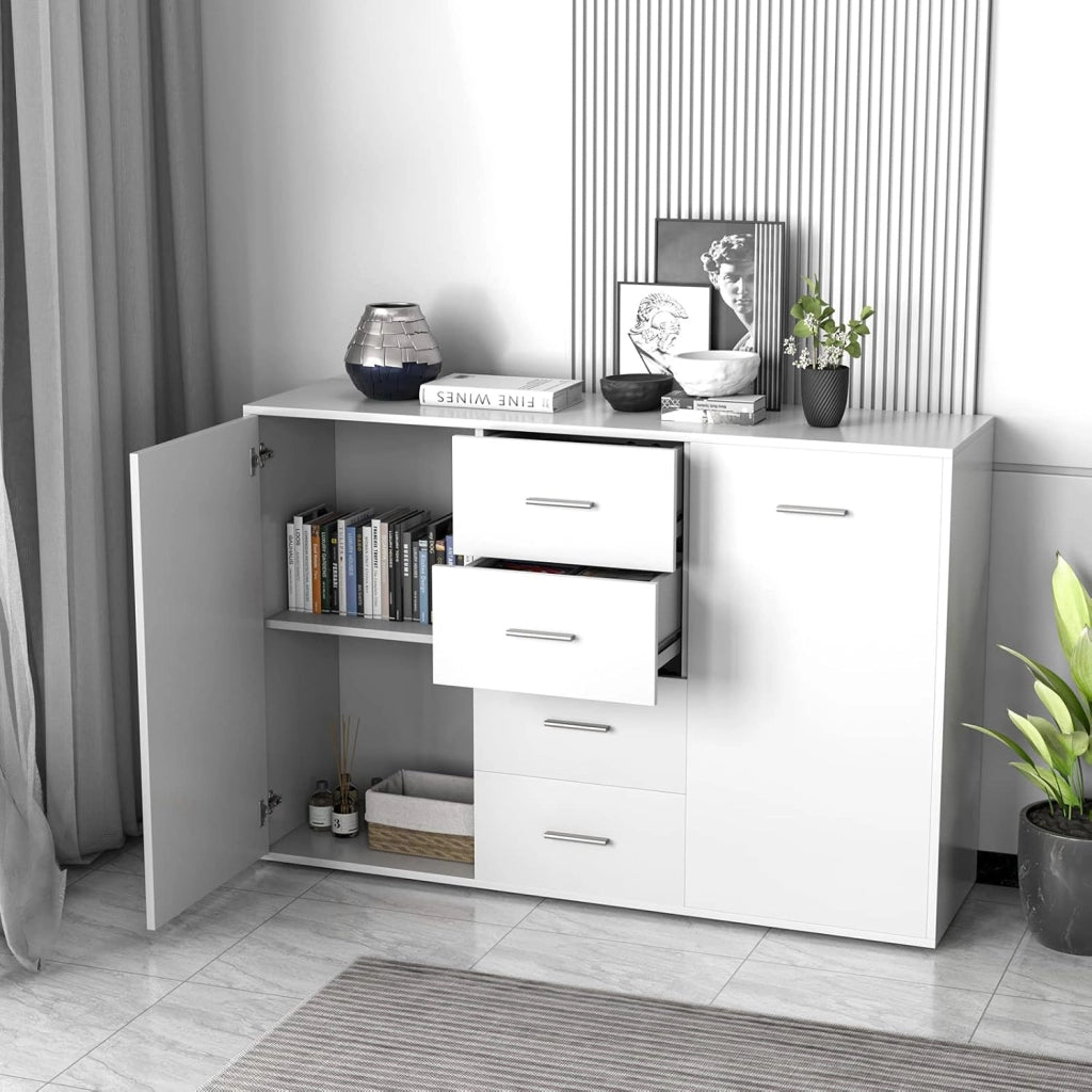 Armadio di Legno con 4 Cassetti e 2 Ante, Credenza Cassettiera di Stoccaggio con Ripiani Regolabili, Mobile Comò per Salone Camera da Letto Ingresso,123 x 34,5 x 82 cm (Bianco)