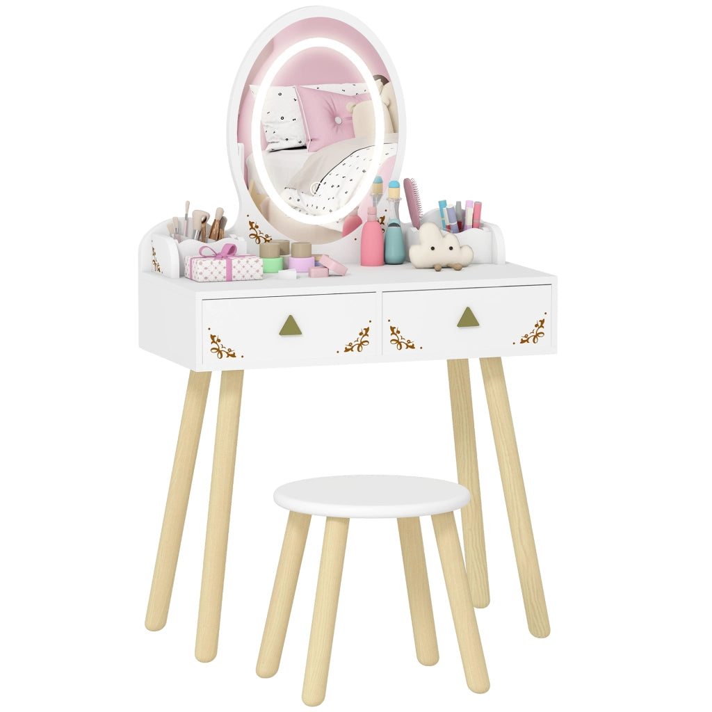 Scrivania per bambini con specchio LED e sgabello ¨C zephmum ¨C bianco 60x30x99,3 cm
