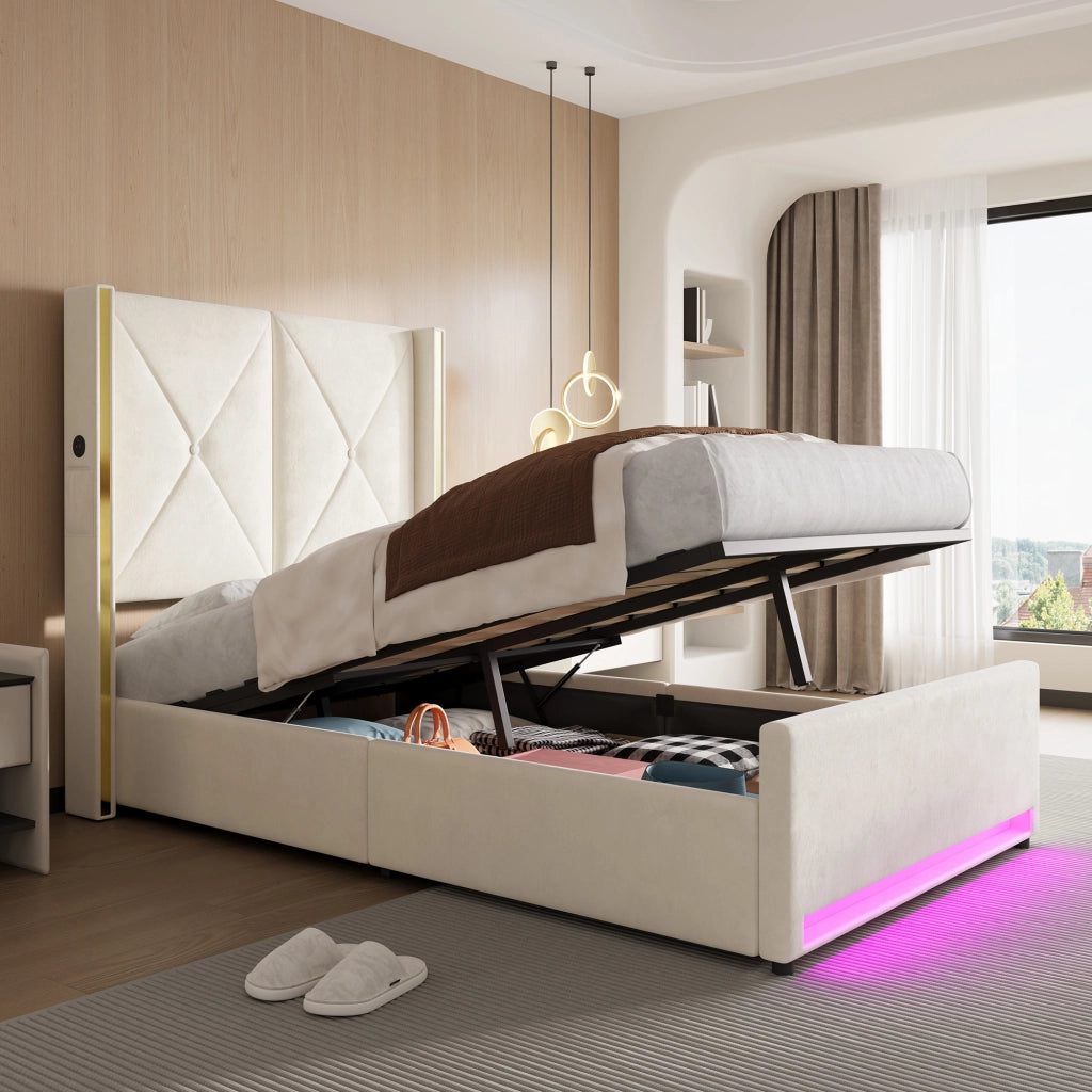 LETTO imbottito 90x200 cm in velluto beige con testiera alta e contenitore
