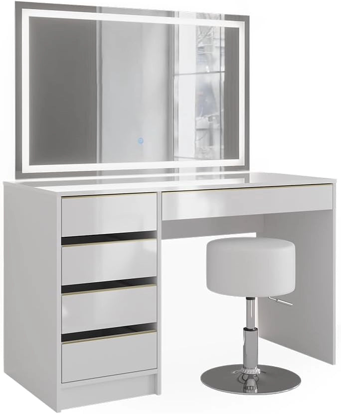 Vicco Tavolino da toilette Sherry, Bianco/Oro, 120 cm con specchio LED e sgabello, con illuminazione LED e sgabello imbottito