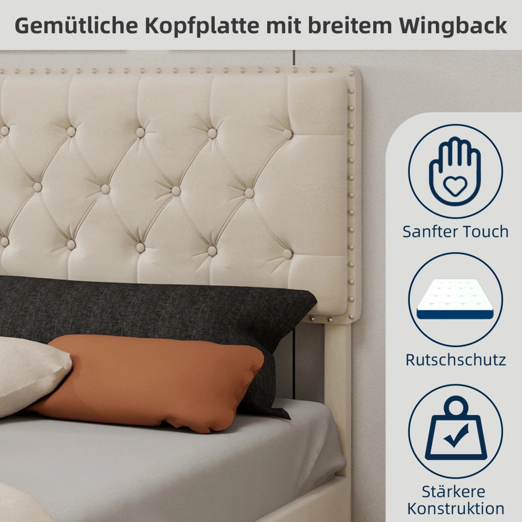 Letto Basso 160 x 200 cm - Testiera Alta Imbottita e Spazio Sottoletto - Beige