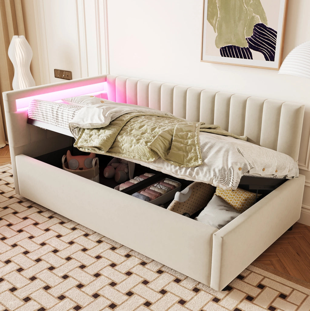 Divano letto imbottito con LED; vano contenitore idraulico; 90x200 cm; velluto beige