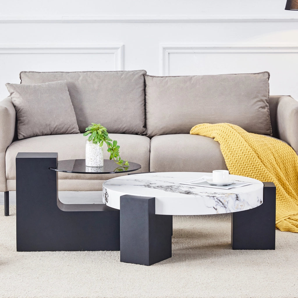 TAVOLINO DA SALOTTO Set da 2 pezzi Ø61/44 cm MDF bianco effetto marmo e nero