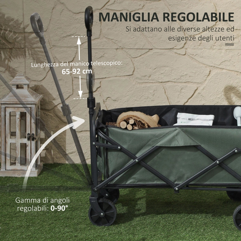 Carrello da Giardino 114x46x65-92 cm Capacità 72L Pieghevole con Pannello Apribile in Acciaio e Poliestere Verde