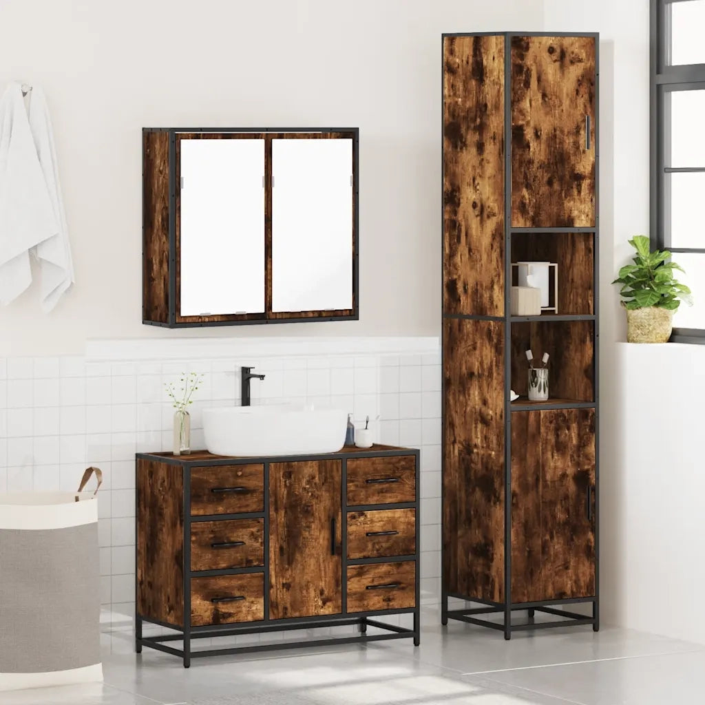 Set Mobili da Bagno 3 pz Rovere Fumo in Legno Multistrato 3301082