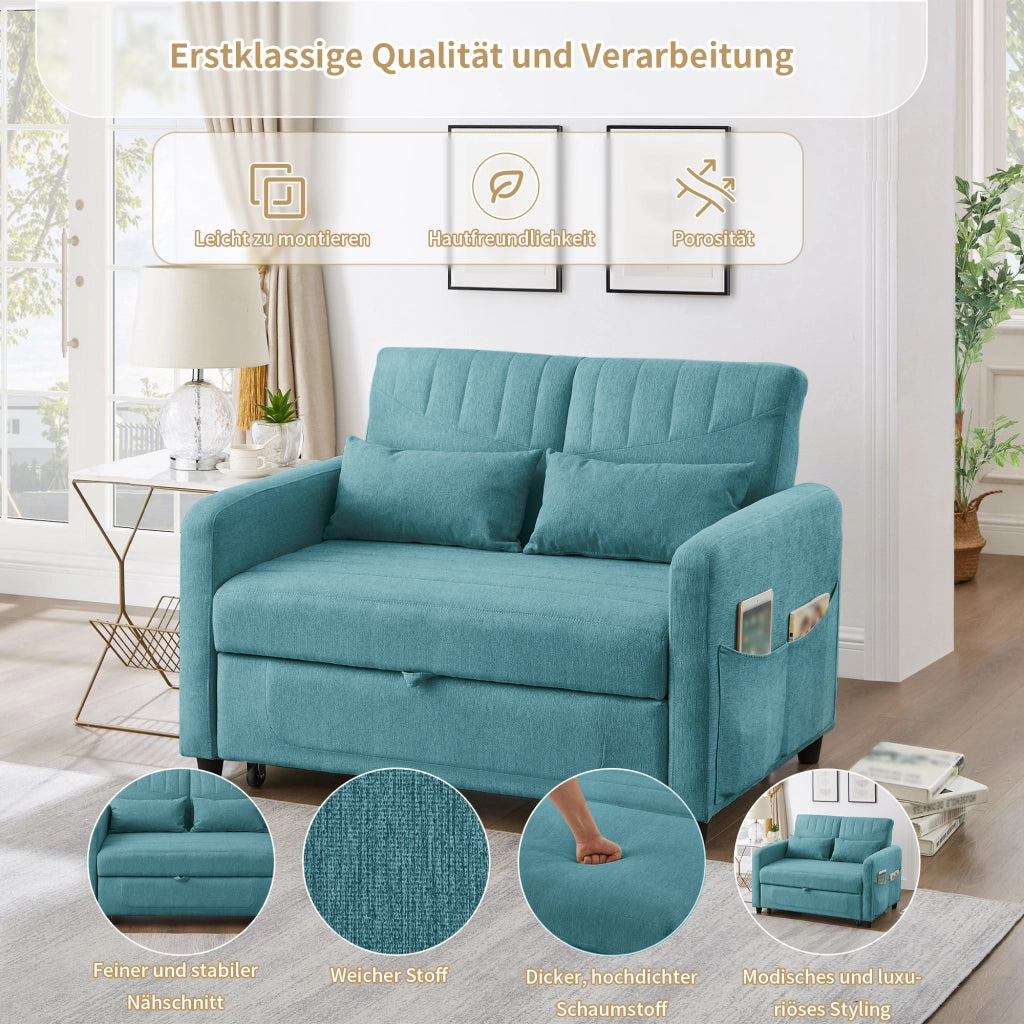 OKWISH Divano Letto 2 Posti, Design Estraibile con Schienale Regolabile a 3 Posizioni e 2 Cuscini, Tessuto Cotone Lino, Blu Verde Anticato