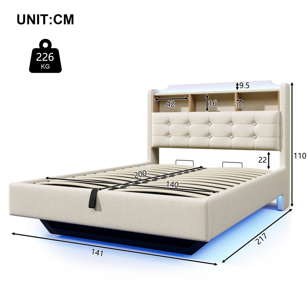 OKWISH Letto Contenitore 140×200 cm, Letto Matrimoniale con LED Regolabile, USB, Tipo C e Vano Idraulico, senza Materasso, in Lino Beige
