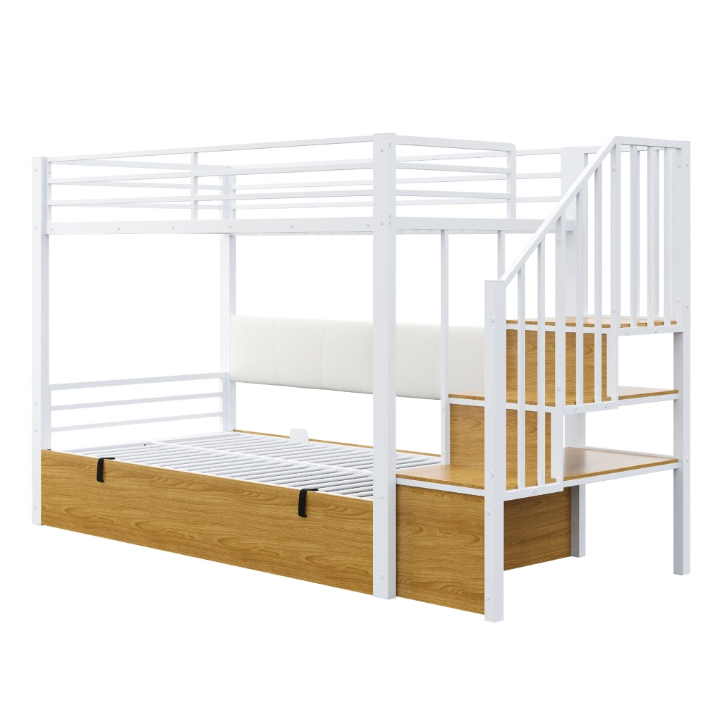 Letto a soppalco multifunzione 90x200 cm con scala contenitore, rete idraulica e schienale imbottito, bianco