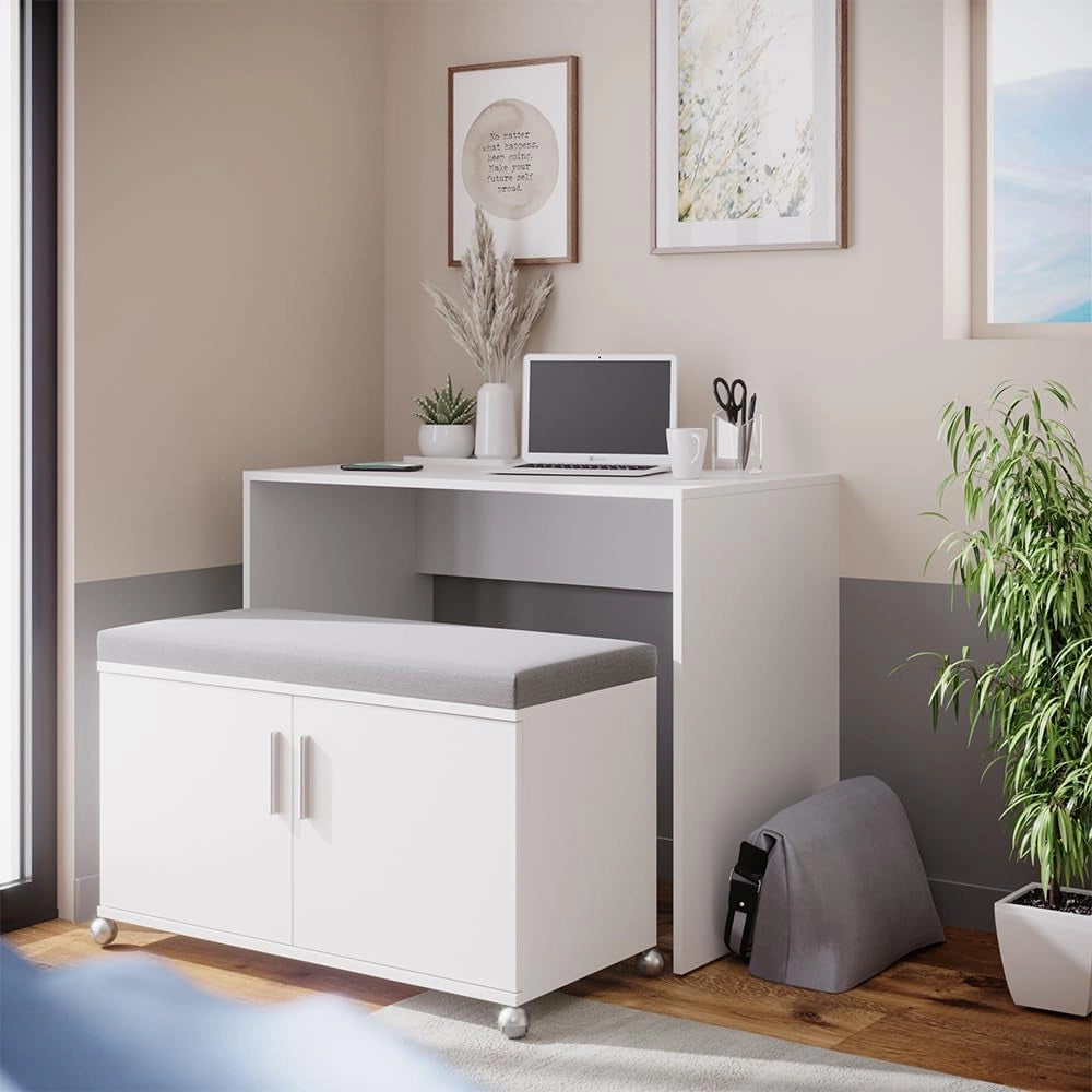 Scrivania con ruote Flona, Bianco, 93.2 cm, posizionabile in modo flessibile su ruote e allungabile