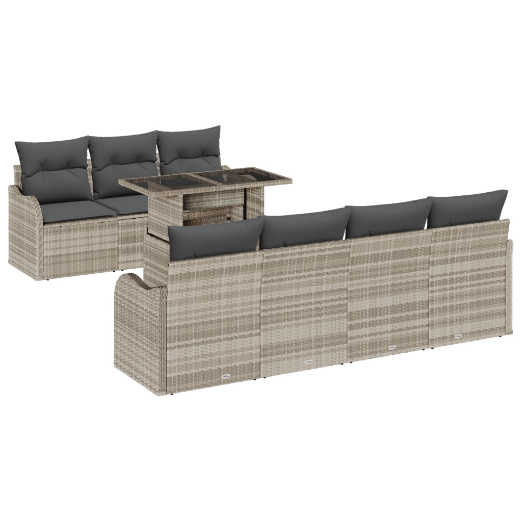 Set di Divani da Giardino 8 Pezzi con Cuscini Grigio Chiaro Polyrattan