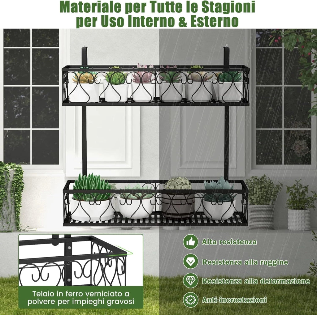 Porta Piante a 2 Livelli, Portavasi da Appender con Ganci Regolabili da 5,5-12,5 cm, Portafiori in Metallo da Esterno per Balcone e Recinto, Carico Massimo 30kg, Nero