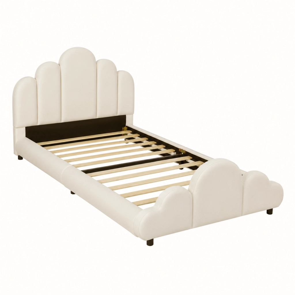 LETTO Singolo 90x200 cm in Velluto Beige con Testiera Imbottita