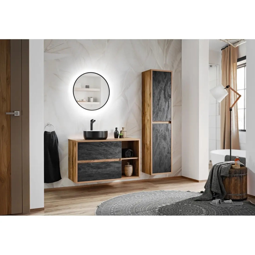 Lavabo da appoggio rotondo 36 cm bicolore nero opaco e bianco opaco in ceramica con piletta clic-clac