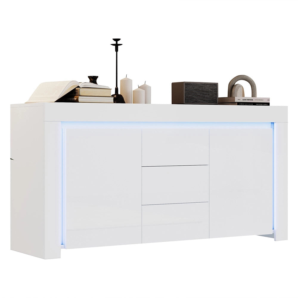 Credenza Soggiorno 140x40x65cm - Xylo - 3 Cassetti e 2 Ante Lucide con LED, Bianco