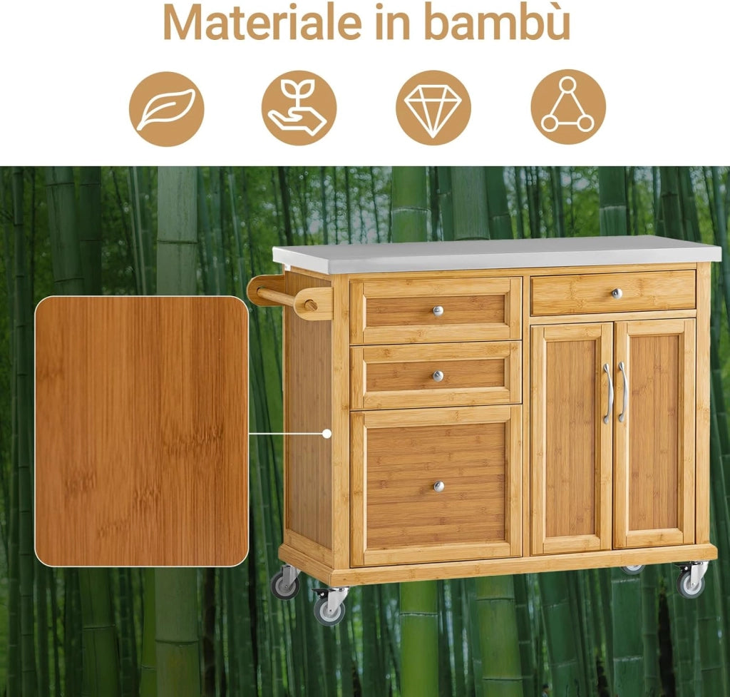 Carrello Cucina con Ruote Isola Cucina con Piano di Lavoro in Acciaio Inox, 4 Cassetti e Ripiani Regolabili Mobile Salvaspazio per Mobili da Cucina Naturale 115 x 46 x 92 cm FKW70-N
