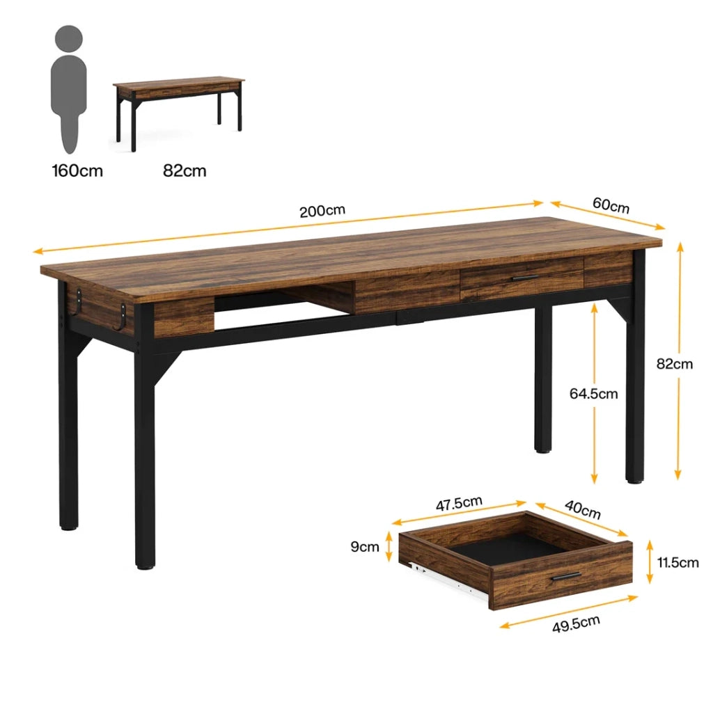Scrivania doppia ULEVR 200x60x82 cm per 2 persone con 2 cassetti e 2 ganci, nero e marrone rustico