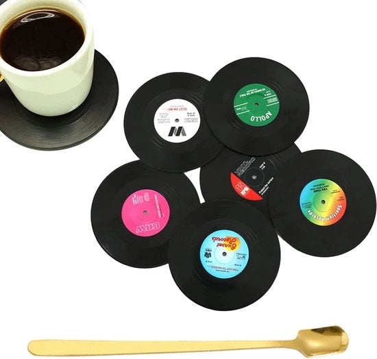 6 sottopiani antiscivolo in silicone con 1 cucchiaio, supporti per dischi in vinile retro, supporti per CD in vinile, supporti isolanti termici, protezione per la scrivania, sottopiani rotondi per bicchieri, tazze e bicchieri