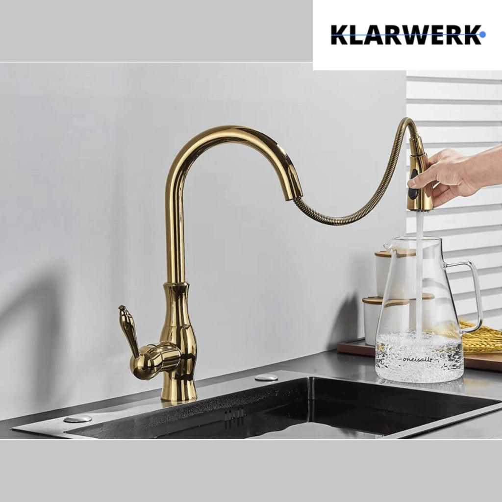 NAVIS | Elegante rubinetto cucina estraibile in acciaio inox dorato, arco alto, miscelatore di lusso, alta pressione, 360°, 2 attacchi