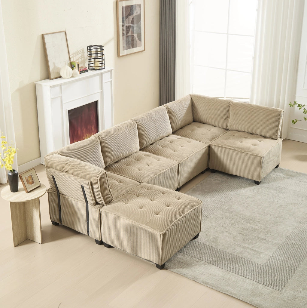 Divano modulare 6 posti 308x154x81.99 cm configurabile in velluto a coste khaki
