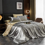 Set di coperte per letto in seta - Set di coperte per letto - Tela - Cuscino - 200x220 - Set composto da 2 cuscini in seta - 100% seta pura - Argento/Camello