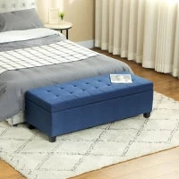 Banco portaoggetti 94,5L panca fine letto in tessuto effetto lino e gambe in legno, 125 x 49 x 41,5 cm, blu