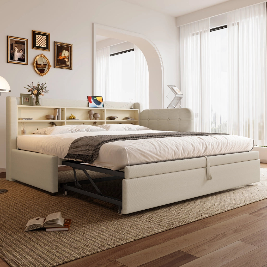 DESMIU Letto divano 90 × 200 cm 1 posto con USB, Type-C, ripiani, senza materasso, in lino, beige