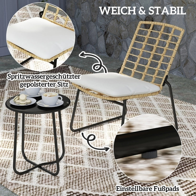 Set di mobili da giardino in rattan 3 pezzi con 2 sedie impilabili e tavolo, per balcone e terrazza, beige e marrone